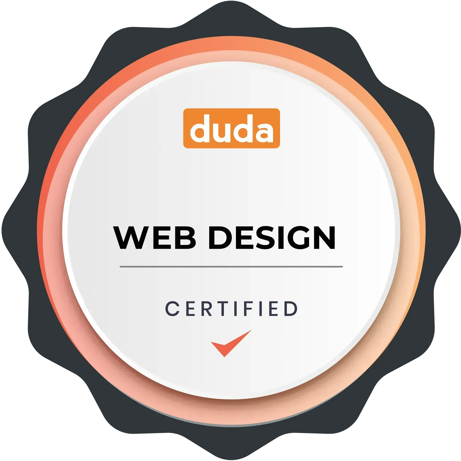 Duda webdesign-certificeret badge med hvid midte, orange kant og mørkegrå, buet kant