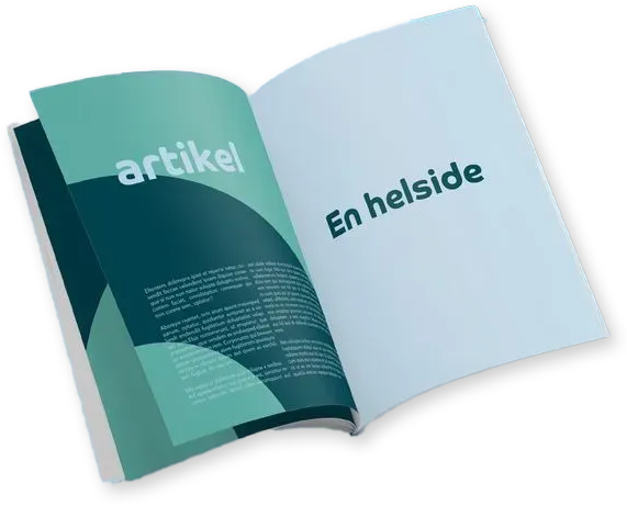 Et åbent hæfte i blågrøn og lyseblå med ordene