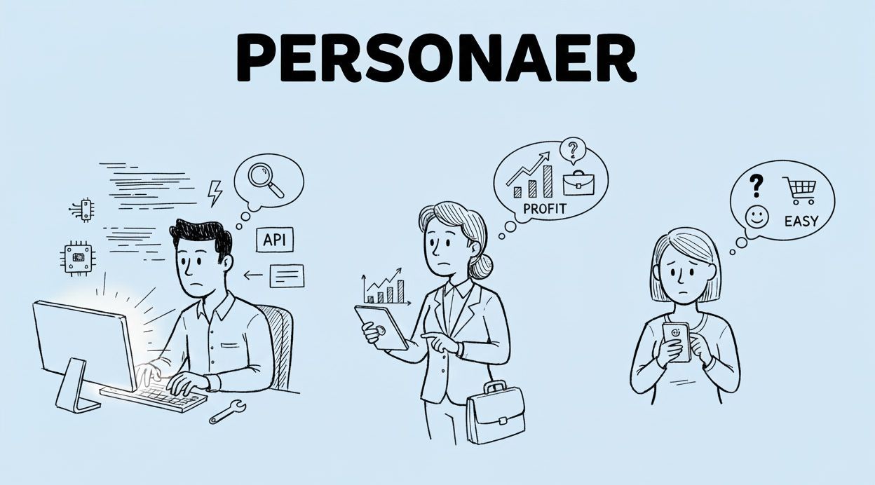 Tre illustrerede personaer med talebobler og ikoner på en lyseblå baggrund med titlen “PERSONAER”