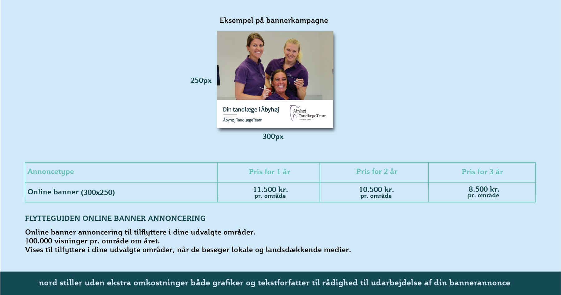 Webside med et lille billede i midten af to personer og en blå, formlignende tabel nedenunder.