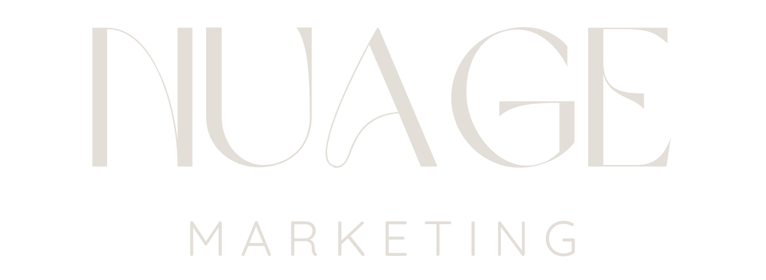 NUAGE Marketing logo in light beige text on a white background