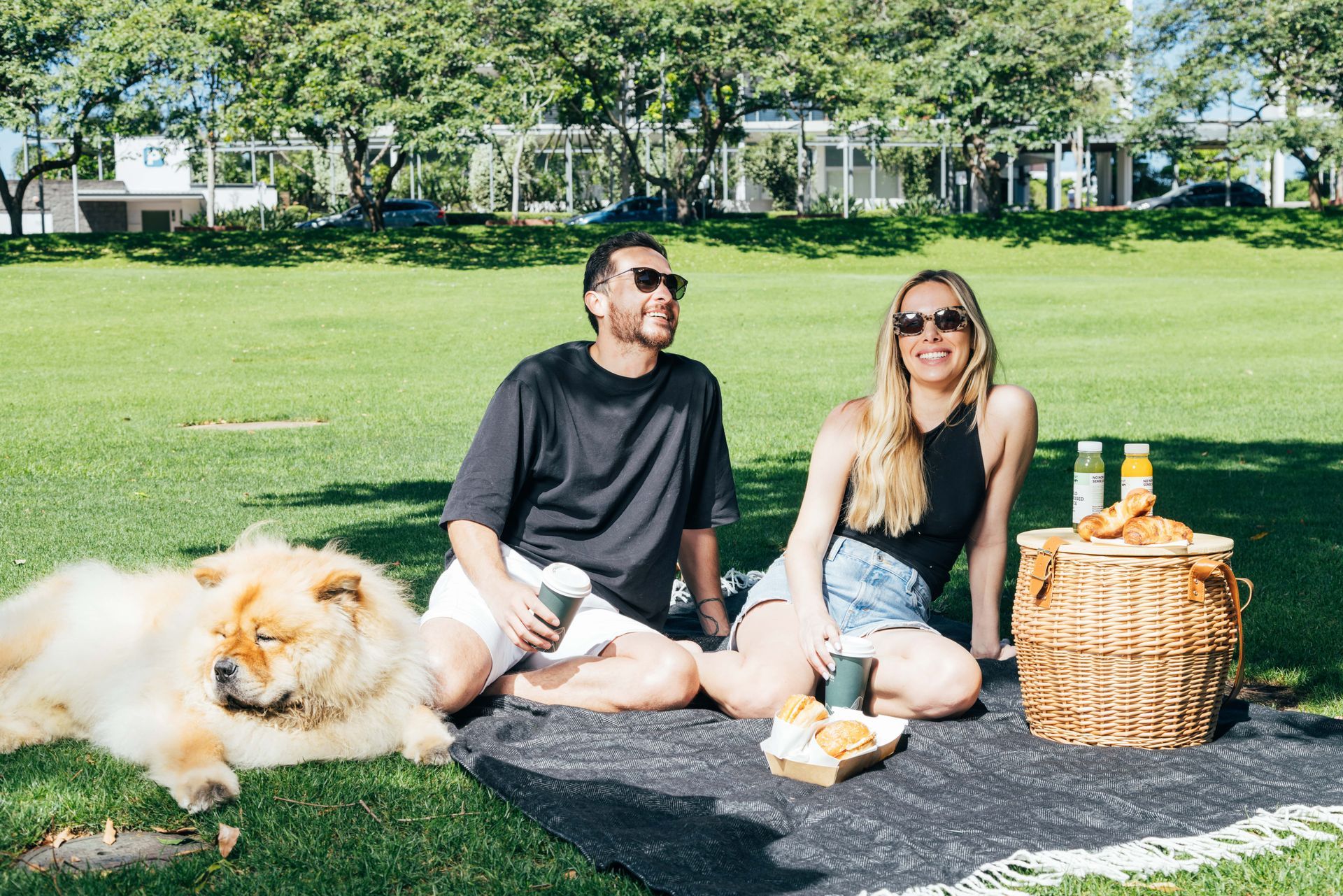 A man and a woman are sitting on a blanket in a park with a dog.