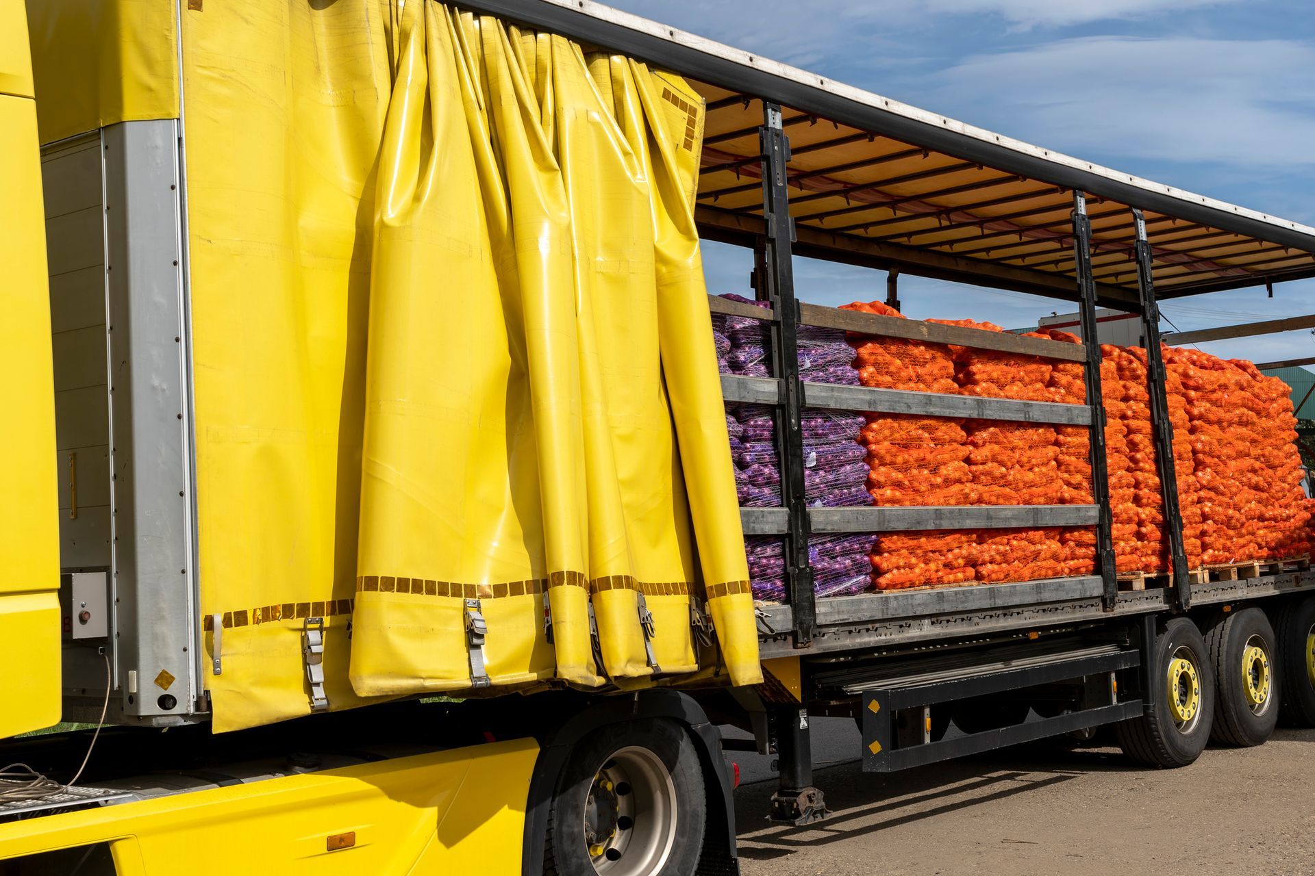 Yellow truck trailer loaded with carrots, side curtain open.