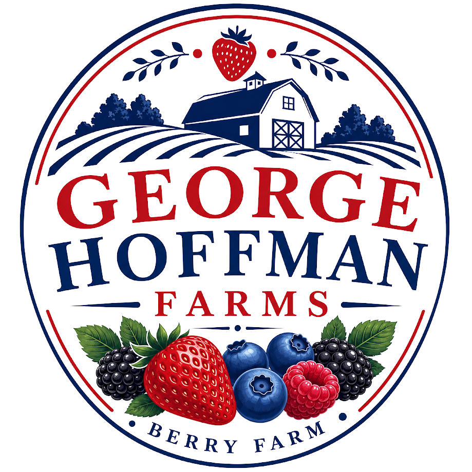 George Hoffman Farms logo with barn, berries, and “Berry Farm” text in red, navy, and green