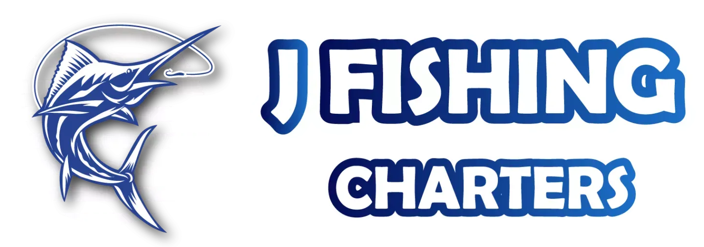 Blue marlin logo with &ldquo;J Fishing Charters&rdquo; text on a white background