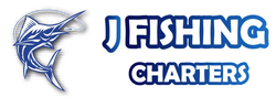 Blue marlin logo with “J Fishing Charters” text on a white background