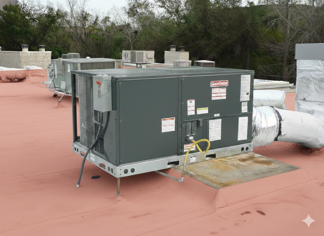 HVAC unit on a red rooftop, silver ductwork, gray metal housing, surrounded by other units.