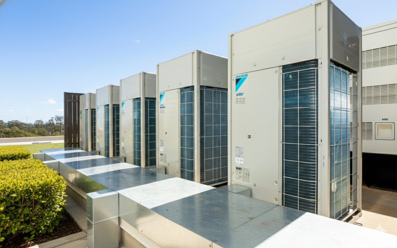 Row of commercial air conditioning units on a rooftop, sunny day.