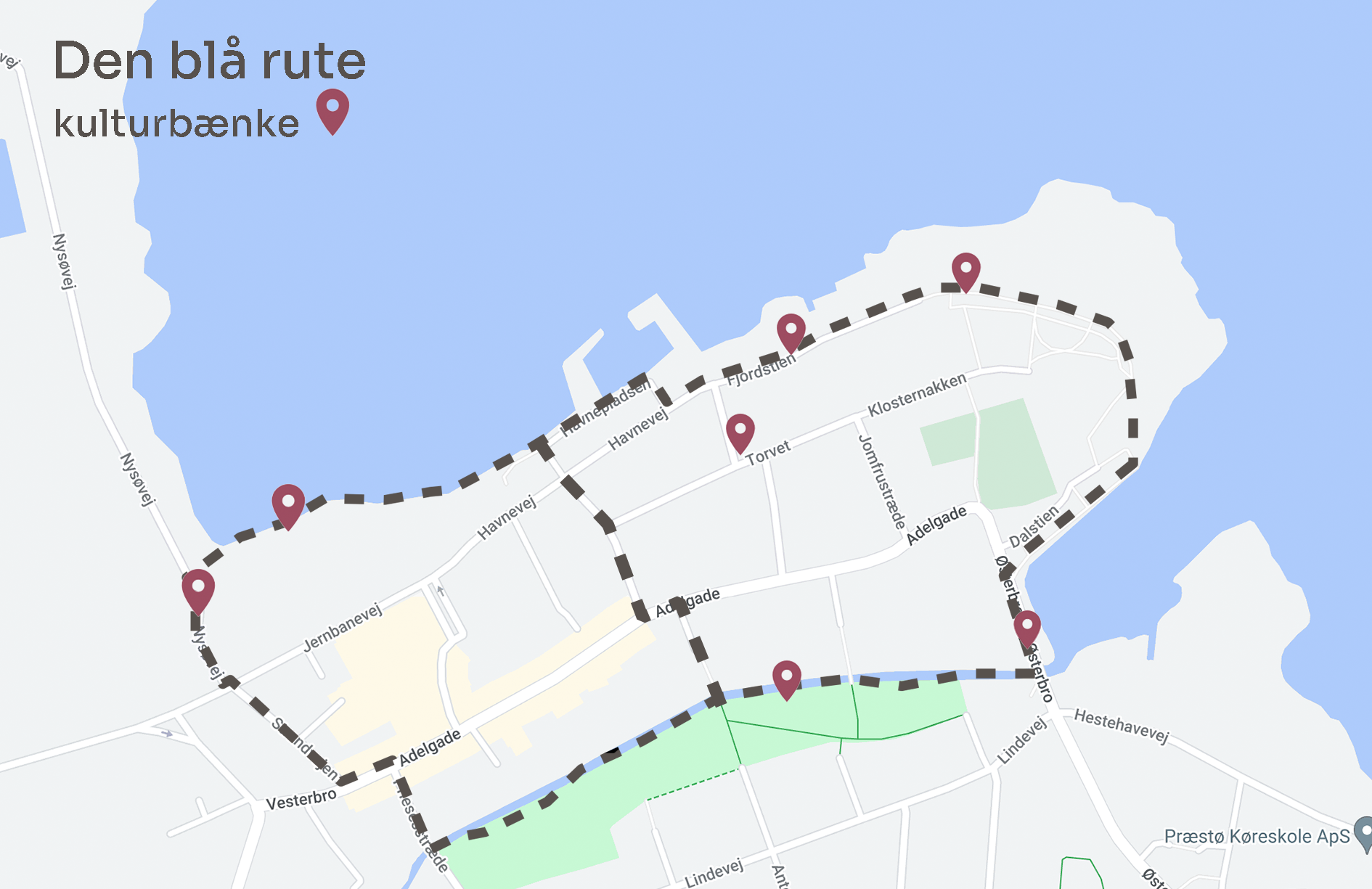 Kort over Den Blå Rute i Præstø med markering af Kulturbænkene
