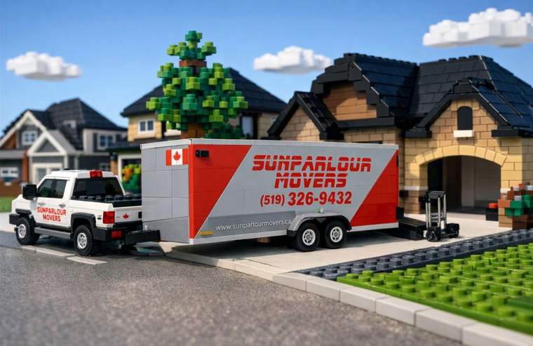 A LEGO-style white pickup truck pulling a red and white Sunparlour Movers trailer parked in a residential driveway.