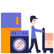 A worker pushing a hand truck with boxes, alongside a refrigerator and a washing machine against a white background.