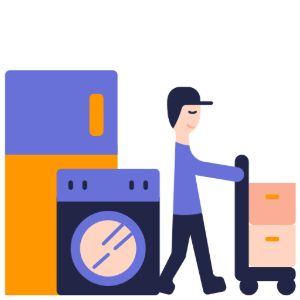 A worker pushing a hand truck with boxes, alongside a refrigerator and a washing machine against a white background.