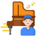 A person wearing a blue cap and shirt stands in front of a grand piano, with yellow musical notes floating above.