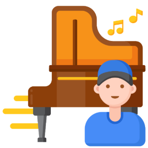 A person wearing a blue cap and shirt stands in front of a grand piano, with yellow musical notes floating above.