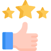 A blue-sleeved hand giving a thumbs up icon positioned below three golden stars.