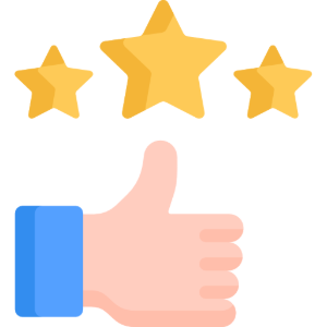 A blue-sleeved hand giving a thumbs up icon positioned below three golden stars.