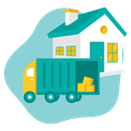 A teal and yellow delivery truck parked in front of a house, representing moving services.