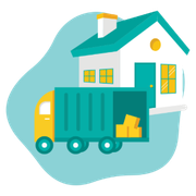 A worker pushing a hand truck with boxes, alongside a refrigerator and a washing machine against a white background.