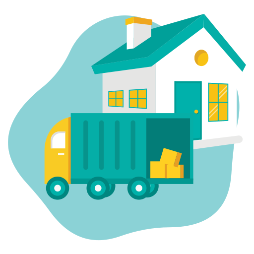 A teal and yellow delivery truck parked in front of a house, representing moving services.