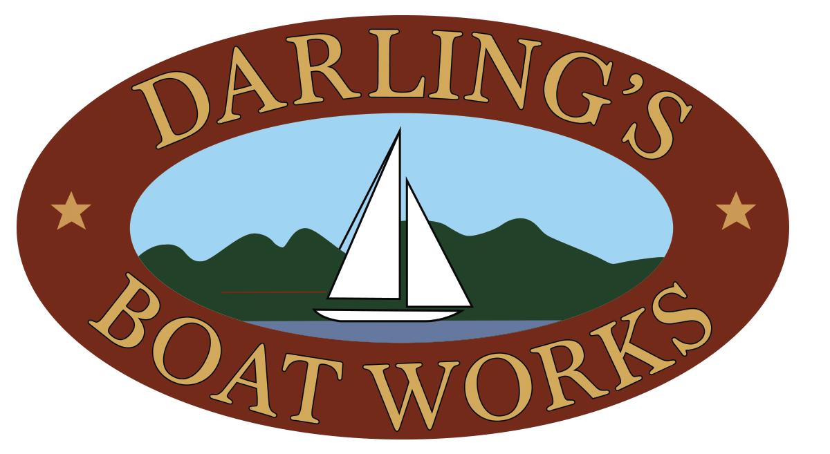 The logo for darling 's boatworks shows a sailboat in the water.