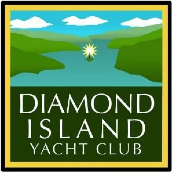 The diamond island yacht club logo is a blue square with a diamond in the middle.