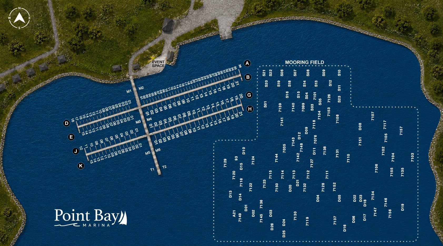 A blue and white map of point bay marina