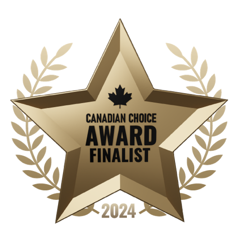 A gold star with the words canadian choice award finalist 2024 on it