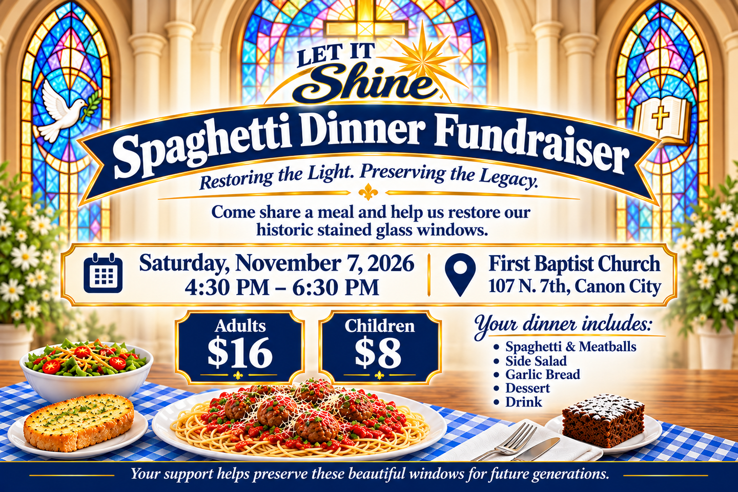 Come share a meal and help us restore our historic stained glass windows! 