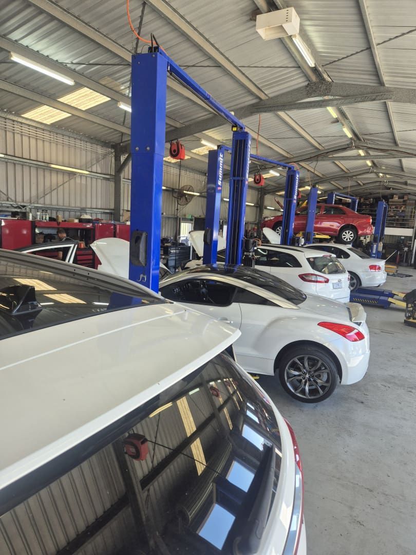 Car Repair Shop With Multiple Cars on Blue Lifts — Emu Park Automotive and Tyre Service in Emu Park, QLD