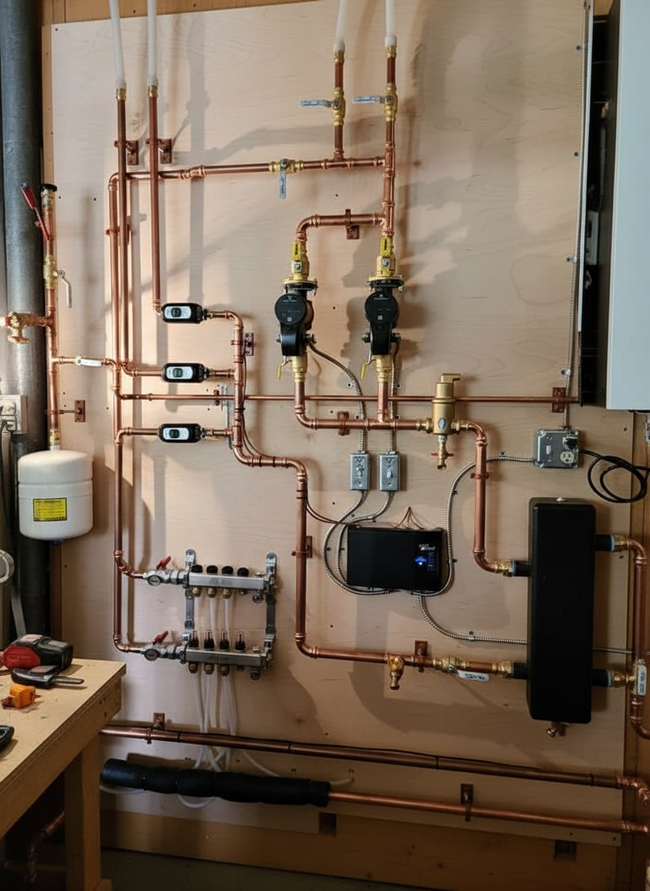 Copper pipes and components for a radiant floor heating system mounted on a wooden wall.