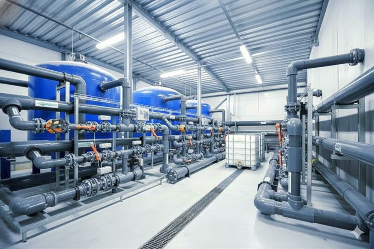 Industrial water treatment plant with blue tanks and gray pipes.
