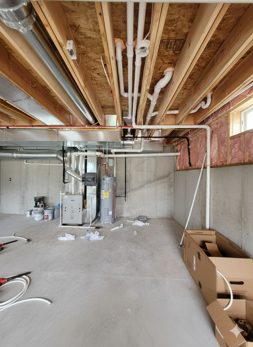Basement under construction, visible pipes, HVAC, and water heater against concrete walls.