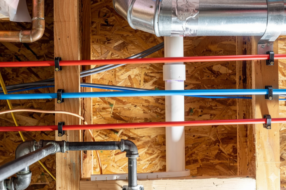 Plumbing pipes (red and blue) and ductwork in a wood-framed basement ceiling.