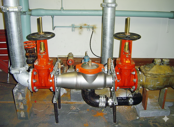 Plumbing system with two large red valves and a silver component, pipes in an industrial setting.