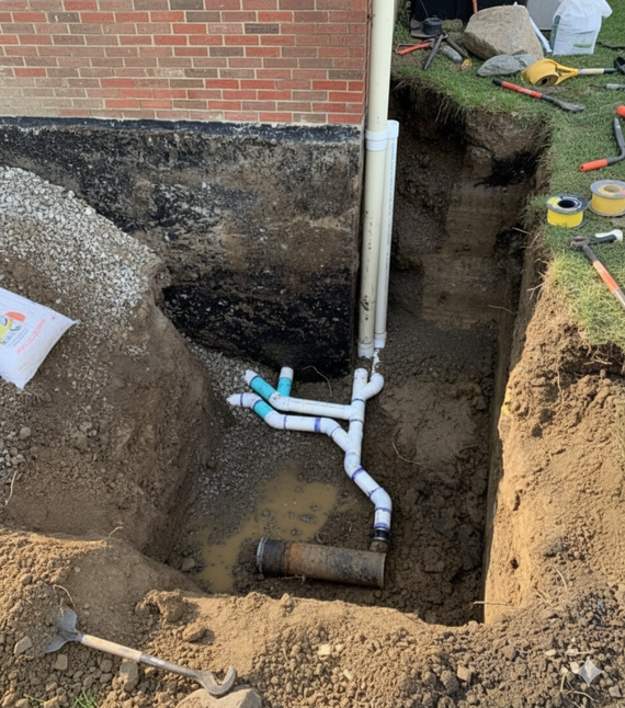 Excavated plumbing pipes next to a brick building. PVC pipes and metal pipe in the soil.