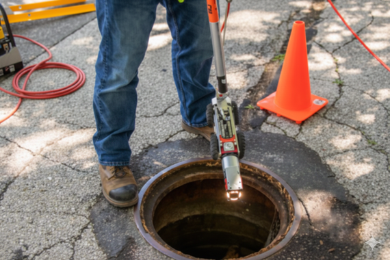 A person uses a tool to inspect a manhole in the street next to an orange cone.