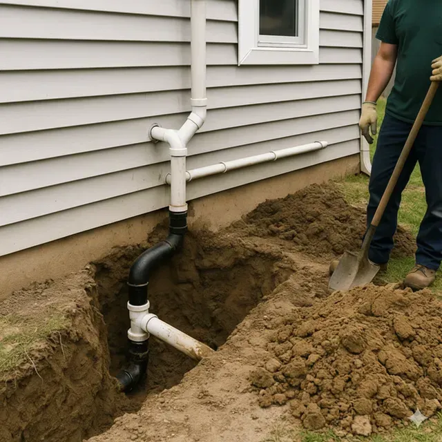 A person digging near a house, exposing drainage pipes.