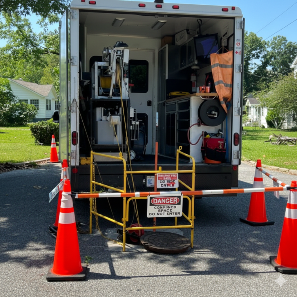 Service truck with open back by a manhole, surrounded by cones and a safety barrier.