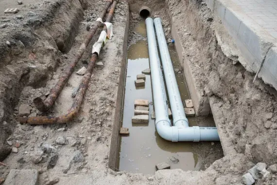 Trench with rusty and new pipes; water and bricks visible, likely for utility maintenance on the ground.