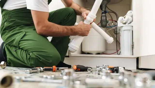 Plumber in green overalls working under a sink, surrounded by tools.