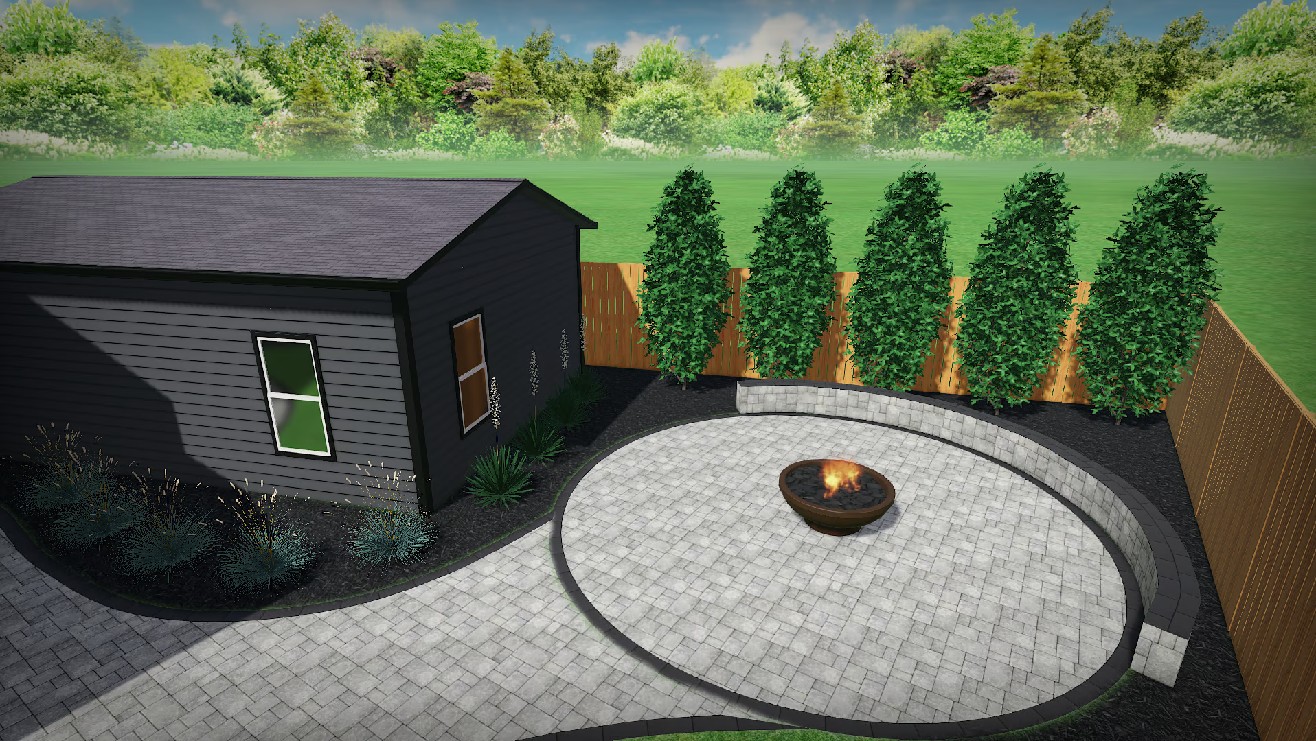 3d design backyard with circle patio and firepit