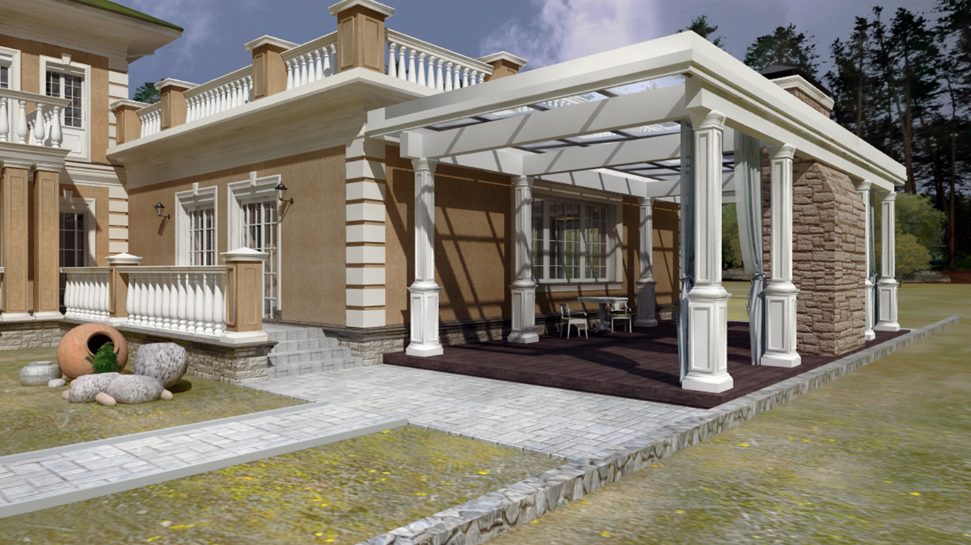 Luxury house exterior with a white pergola-covered patio and beige stone facade
