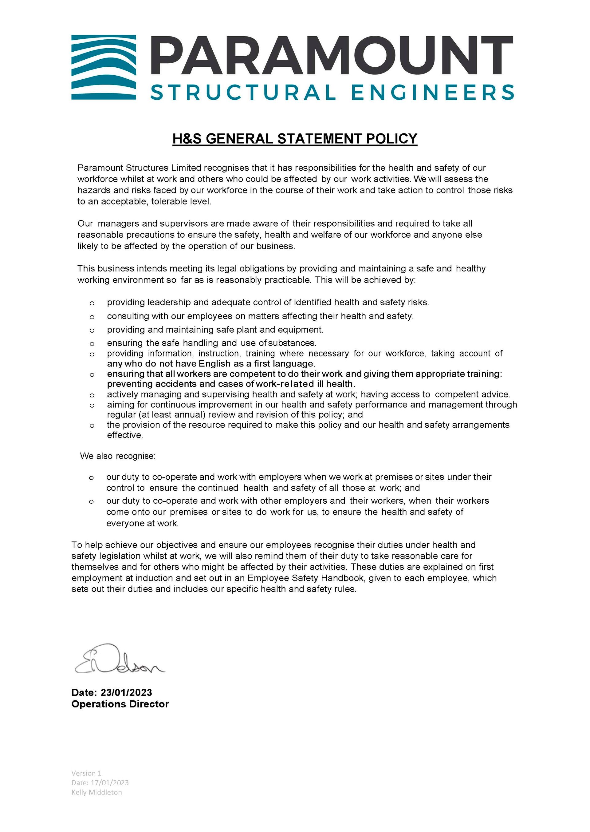 Paramount Structures Ltd Health and Safety Policy