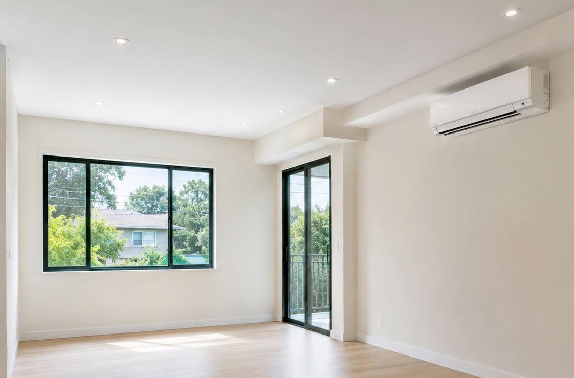 Bright empty room with large windows, sliding glass door, and wall-mounted air conditioner.