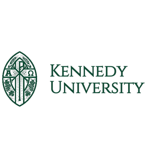 Kennedy University logo: green emblem with the Greek letters Alpha, Chi, Omega, and name.