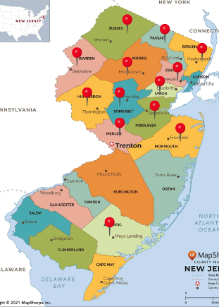 Map of New Jersey with red pins marking various cities across different counties.
