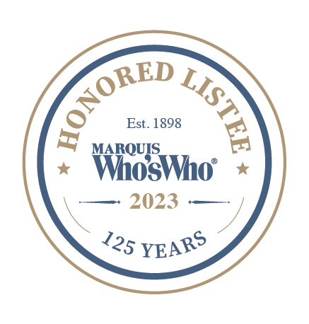Marquis Who's Who Honored Listee badge, with blue and tan circular design. 