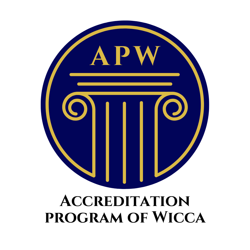 The logo for the accreditation program of wicca is blue and gold,  representing Accreditation Program of Wicca.