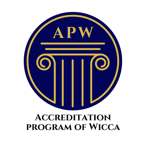 The logo for the accreditation program of wicca is blue and gold, representing Accreditation Program of Wicca.