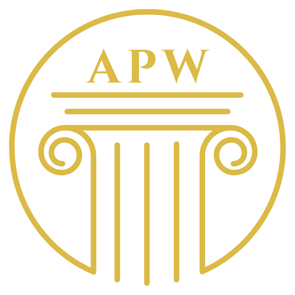 The logo for apw is a circle with a pillar in the middle, representing Accreditation Program of Wicca.